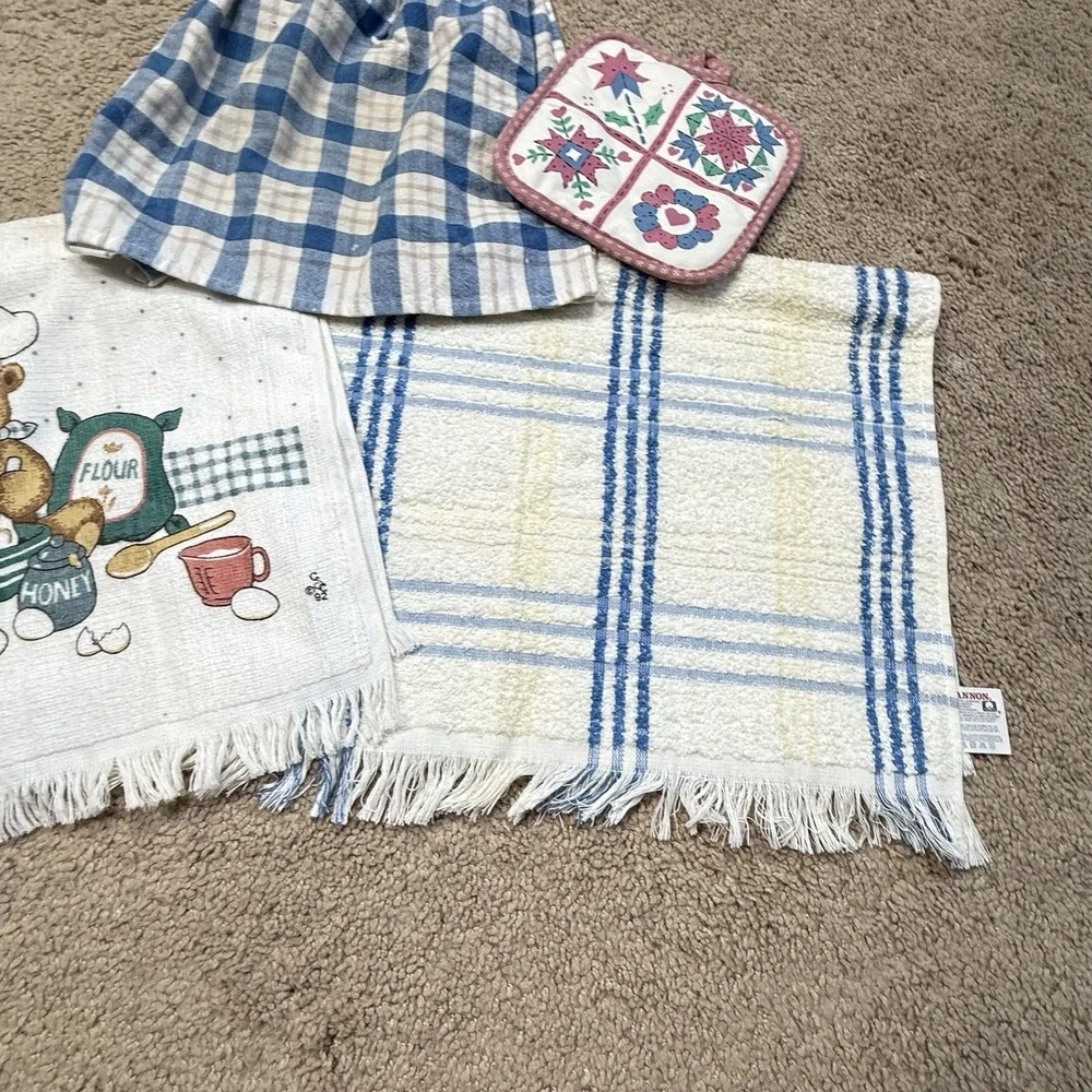 Vtg 70s Cannon Hand Towel Lot Fringe Teddy Bear Milk Cookies MCM Stripe Cute